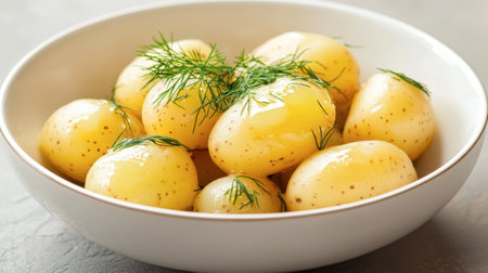 Boiled baby potatoes, drizzled with butter and garnished with fresh dill, served in a white ceramic bowl.の素材