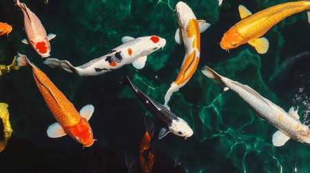 Colorful koi fish swimming in a serene pond, their vibrant orange and white patterns reflecting in the water, creating a tranquil scene.の素材