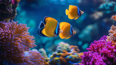 Colorful tropical fish darting through vibrant corals in the pristine waters off the coast of Koh Tao, showcasing its marine diversity.の素材
