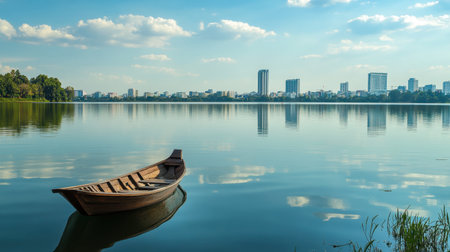 A boat floating on the serene waters of Phalan Chai Lake, with Roi Et skyline in the background.の素材