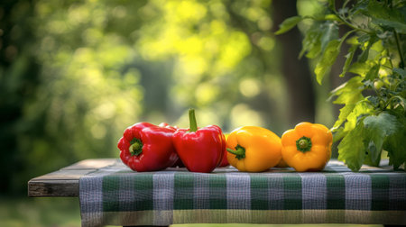 A beautiful arrangement of bell peppers on a picnic table, ready for a summer barbecue with family and friends, creating a joyful atmosphere.の素材