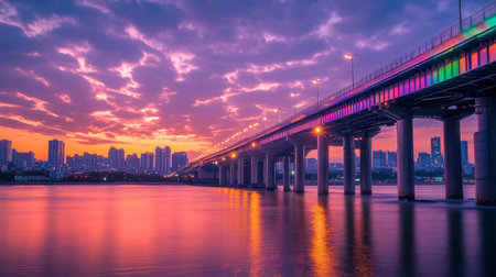 A beautiful sunset over the Han River in Seoul, with the iconic Banpo Bridge and its rainbow fountain lighting up the evening sky.の素材