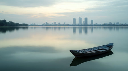 A boat floating on the serene waters of Phalan Chai Lake, with Roi Et skyline in the background.の素材
