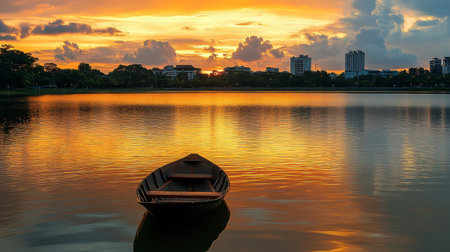 A boat floating on the serene waters of Phalan Chai Lake, with Roi Et skyline in the background.の素材