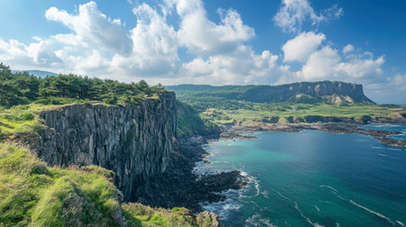 A breathtaking view of the cliffs at Oedolgae Rock in Jeju, famous for its scenic beauty and hiking trails.の素材