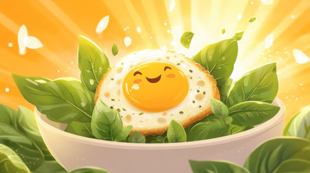 A bright cartoon of stir-fried basil with fried egg, with the egg character smiling as it sits on top of the basil.の素材