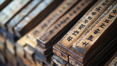 A close-up of the traditional Korean writing on wooden tablets, showcasing the rich history of Korean literature.の素材