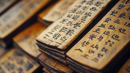 A close-up of the traditional Korean writing on wooden tablets, showcasing the rich history of Korean literature.の素材