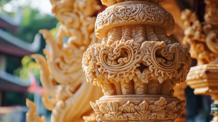 A close-up of a beautifully carved candle sculpture at the Ubon Ratchathani Candle Festival, showcasing intricate designs.の素材