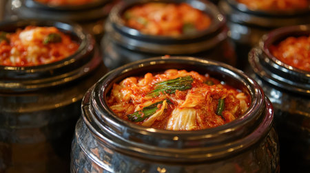 A close-up of traditional Korean kimchi pots in a village, showcasing the country's rich culinary heritage.の素材
