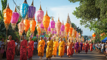 A colorful Buddhist procession at Wat Nong Pah Pong, with monks leading the way during a religious festival.の素材
