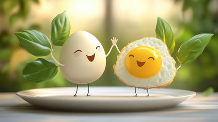 A fun cartoon of a basil leaf character and a fried egg character high-fiving on a plate, celebrating deliciousness.の素材