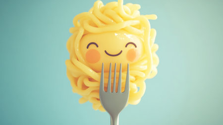 A cute cartoon of a noodle character wrapped around a fork, smiling and ready to be enjoyed.の素材