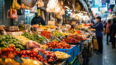A colorful market scene at Gwangjang Market, where visitors can experience traditional Korean street food and local delicacies.の素材