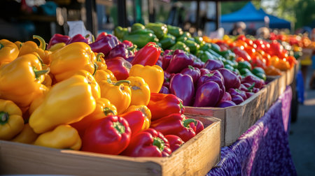 A dynamic market scene with vendors displaying their colorful bell peppers, inviting customers to explore the fresh produce available.の素材