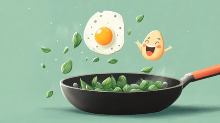 A cute cartoon of a frying pan with stir-fried basil cooking, with a fried egg character flipping in the air.の素材
