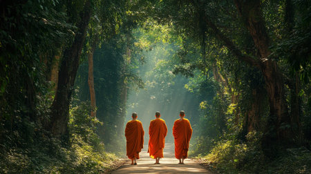 A group of monks walking in meditation through the forest at Wat Nong Pah Pong, surrounded by serene nature.の素材