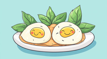 A kawaii cartoon of stir-fried basil and fried egg on a plate, with happy faces on the egg and basil leaves.の素材