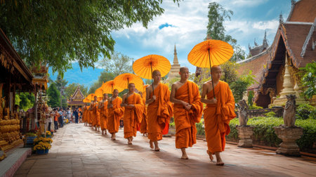 A group of monks walking in procession during a Buddhist ceremony at Wat Phra Singh in Chiang Mai.の素材