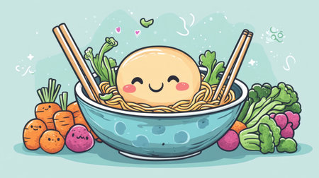 A kawaii cartoon noodle bowl with chopsticks, surrounded by happy, colorful veggies and a smiling broth.の素材