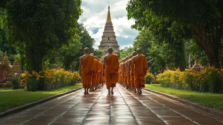 A group of monks walking in procession during a Buddhist ceremony at Wat Phra Singh in Chiang Mai.の素材