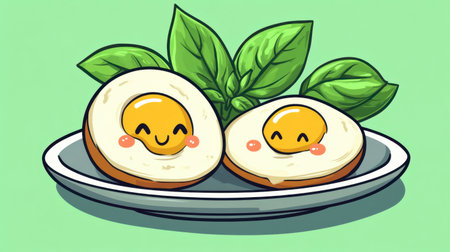 A kawaii cartoon of stir-fried basil and fried egg on a plate, with happy faces on the egg and basil leaves.の素材