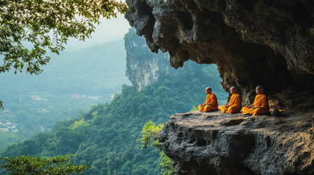 A group of monks meditating on the rocky cliffs of Pha Taem National Park, surrounded by natural beauty.の素材