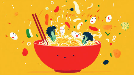 A lively cartoon of a noodle bowl with happy vegetables dancing around it, with chopsticks ready to dig in.の素材