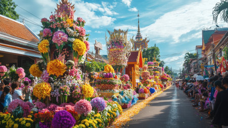 A lively parade during the Chiang Mai Flower Festival, with floats adorned in vibrant floral arrangements.の素材