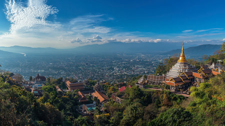 A panoramic view of Chiang Mai city from Doi Suthep mountain, with temples and rooftops stretching into the horizon.の素材