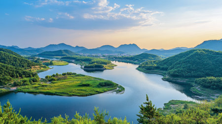 A panoramic view of the scenic Seomjin River in Jeollanam-do, with lush landscapes and tranquil waters.の素材