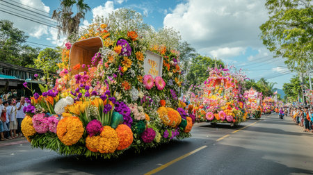 A lively parade during the Chiang Mai Flower Festival, with floats adorned in vibrant floral arrangements.の素材
