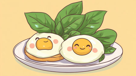 A kawaii cartoon of stir-fried basil and fried egg on a plate, with happy faces on the egg and basil leaves.の素材