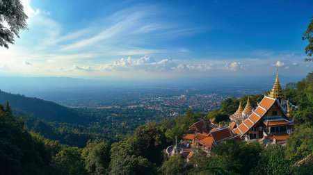 A panoramic view of Chiang Mai city from Doi Suthep mountain, with temples and rooftops stretching into the horizon.の素材