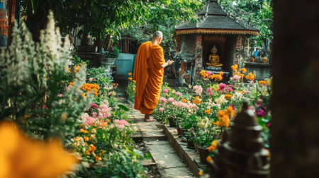 A local monk giving blessings to tourists at a small temple in Roi Et, surrounded by vibrant flowers and greenery.の素材