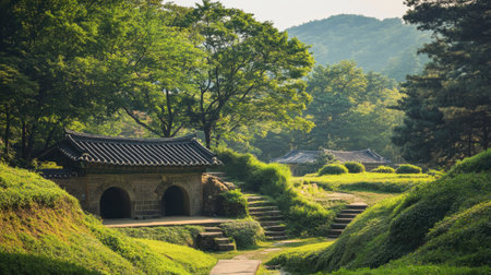 A picturesque scene of the ancient tombs at Daereungwon in Gyeongju, surrounded by lush greenery.の素材