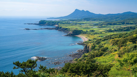 A panoramic view of the scenic Jeju Olle Trail, winding through picturesque coastal landscapes and lush greenery.の素材