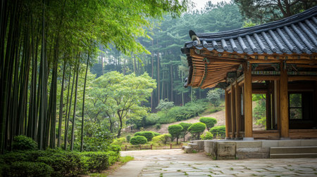 A picturesque view of the peaceful Juknokwon Bamboo Garden, showcasing lush bamboo groves.の素材