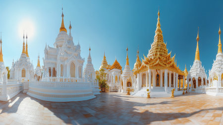 A panoramic view of the Phra Maha Chedi Chai Mongkol temple, showcasing its intricate design and golden spires against a clear blue sky.の素材