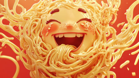 A playful cartoon of noodles being slurped up by a smiling character, with a joyful expression on their face.の素材