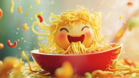 A playful cartoon of noodles being slurped up by a smiling character, with a joyful expression on their face.の素材