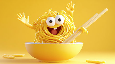 A playful cartoon of a noodle character wrapped around chopsticks, waving at the viewer while being lifted from the bowl.の素材