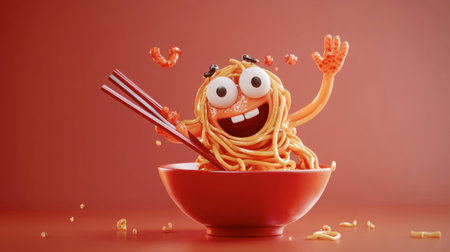 A playful cartoon of a noodle character wrapped around chopsticks, waving at the viewer while being lifted from the bowl.の素材