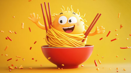 A playful cartoon of a noodle character wrapped around chopsticks, waving at the viewer while being lifted from the bowl.の素材