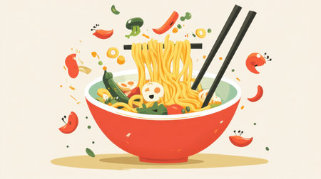 A playful cartoon of a noodle bowl with chopsticks, with happy vegetables dancing around the noodles.の素材