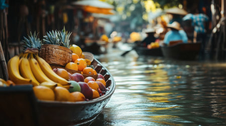 A scenic boat ride through the floating markets of Damnoen Saduak, with colorful fruit and souvenirs.の素材
