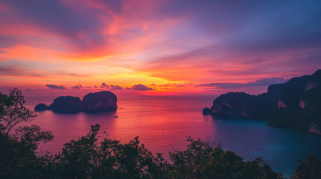 A stunning sunset over the Andaman Sea from the viewpoint on Koh Phi Phi.の素材