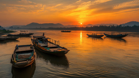 A sunset view over the Mekong River at Khong Jiam, with fishermen casting nets and boats floating peacefully.の素材