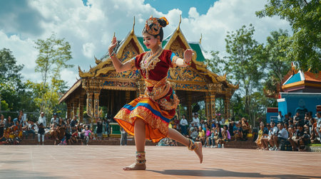 A traditional Thai dancer performing at the Roi Et National Museum, showcasing local cultural heritage.の素材
