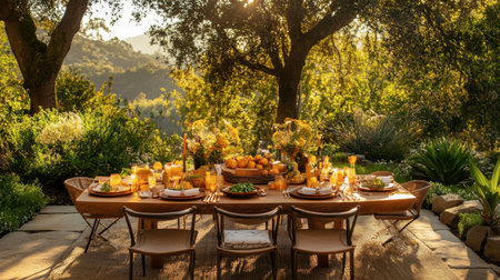 A scenic outdoor dining setup featuring sweet honey mushrooms as a highlight on the menu, surrounded by nature.の素材
